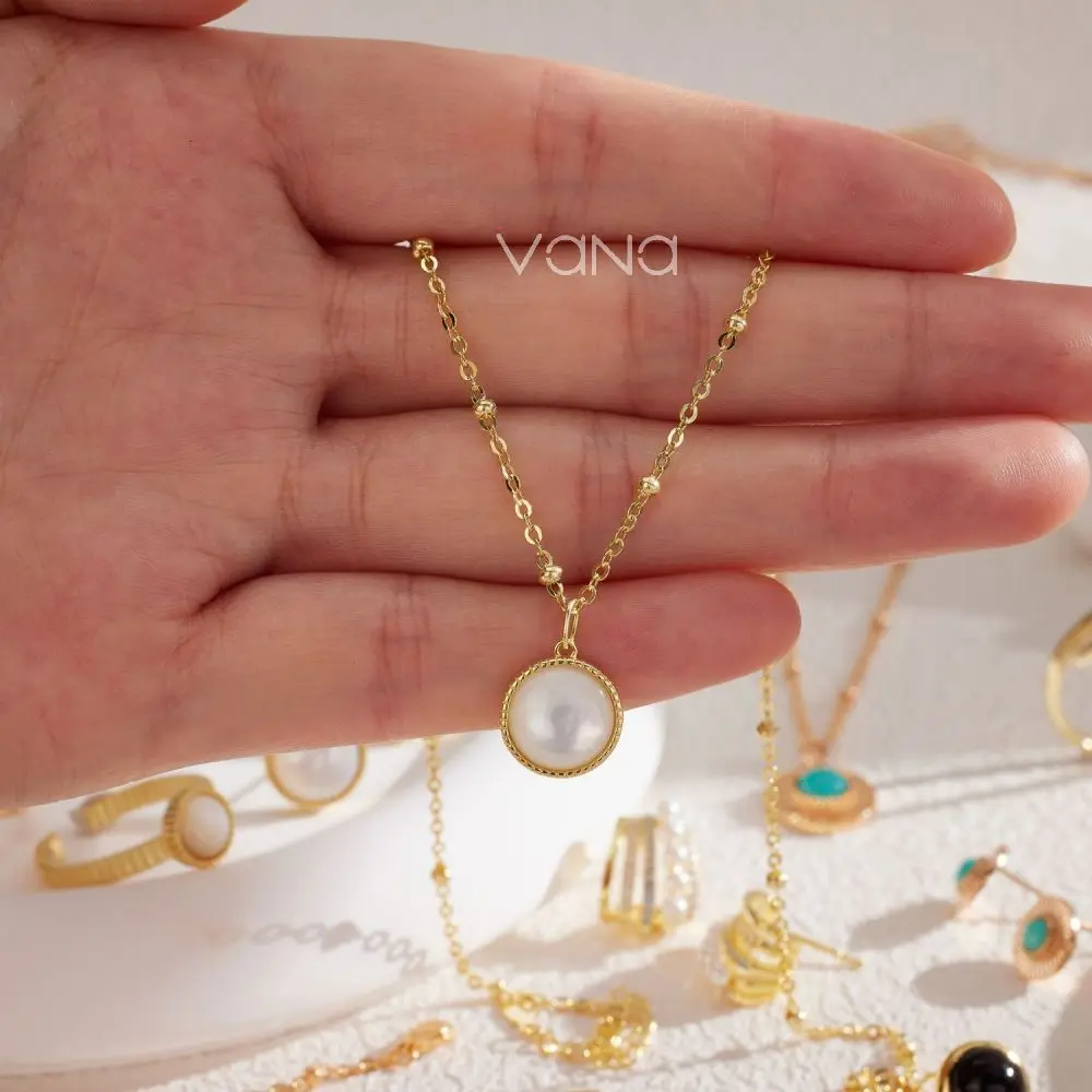 VANA Italian Vintage White Mother of Pearl Bead 925 Sterling Silver Minimalist Gold Plated Necklace Earring Ring Jewelry set