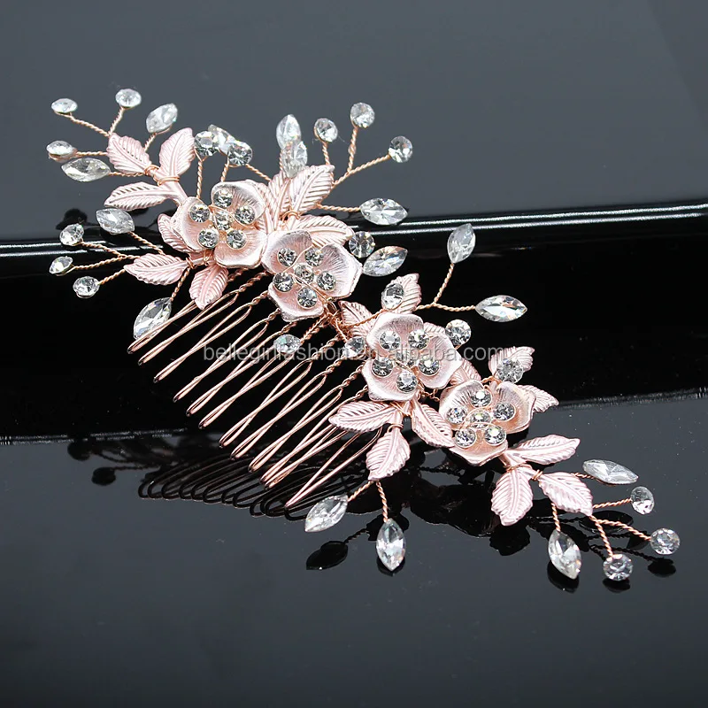 Wedding bridal jewelry set Tiara luxury 3 pcs gold color metal leaves 4 flowers rhinestones U shape hair pins and hair combs set