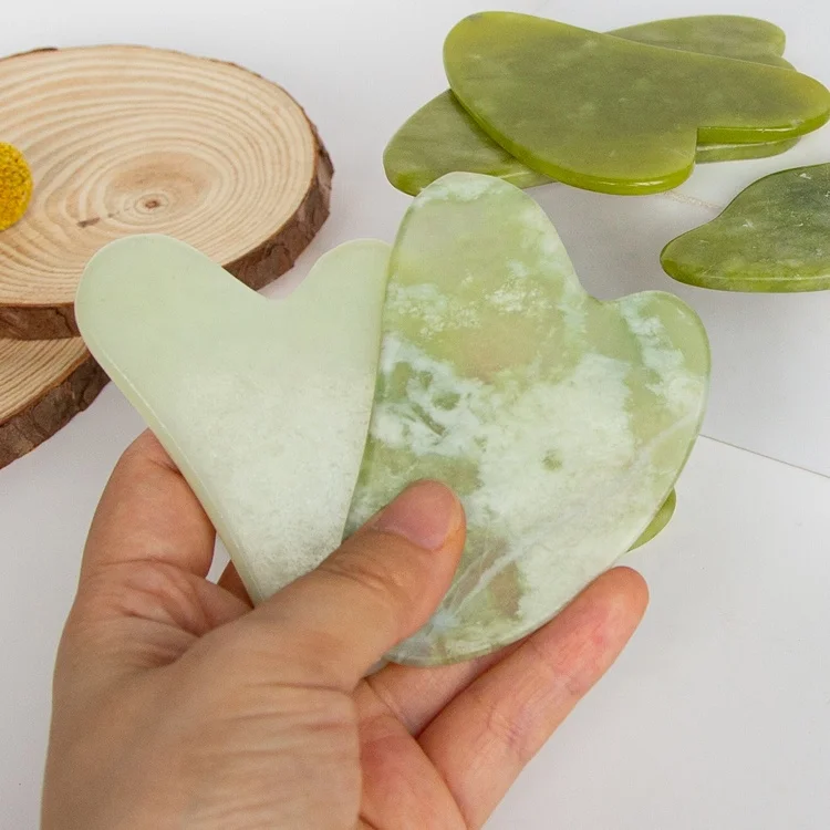 Gloway Hot Selling 8 Types Heart Shape Spa Face Massage Tool Natural Stone Guasha Pad Scraper Green Jade Gua Sha Board Guasha