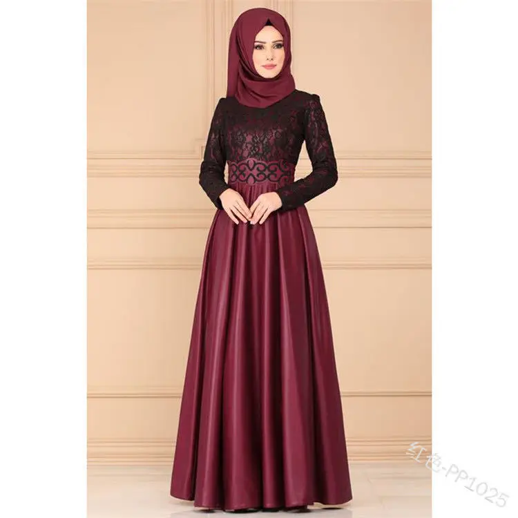 2022 Lace splicing retro hem dress Muslim ethnic wind long sleeve slim dress Muslim conservative wedding dress