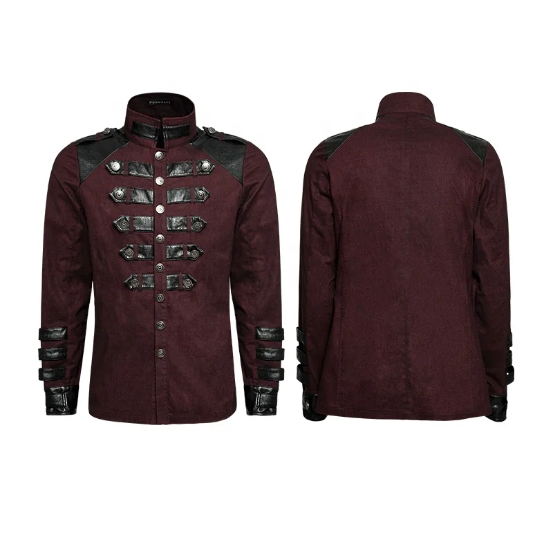 PUNK RAVE Y-753 Germany Soldierly Uniform Stand Collar  Delicate Loops PU Cuffs Men Dark Red Shirts