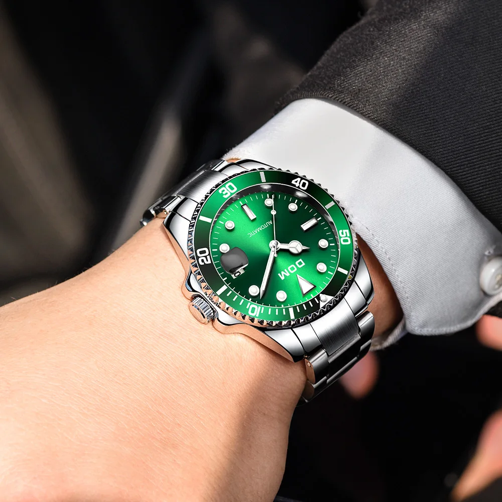 DOM Brand Luxury Men Watches Automatic Green Watch Men Stainless Steel Waterproof Business Sport Mechanical Wristwatch M-1310