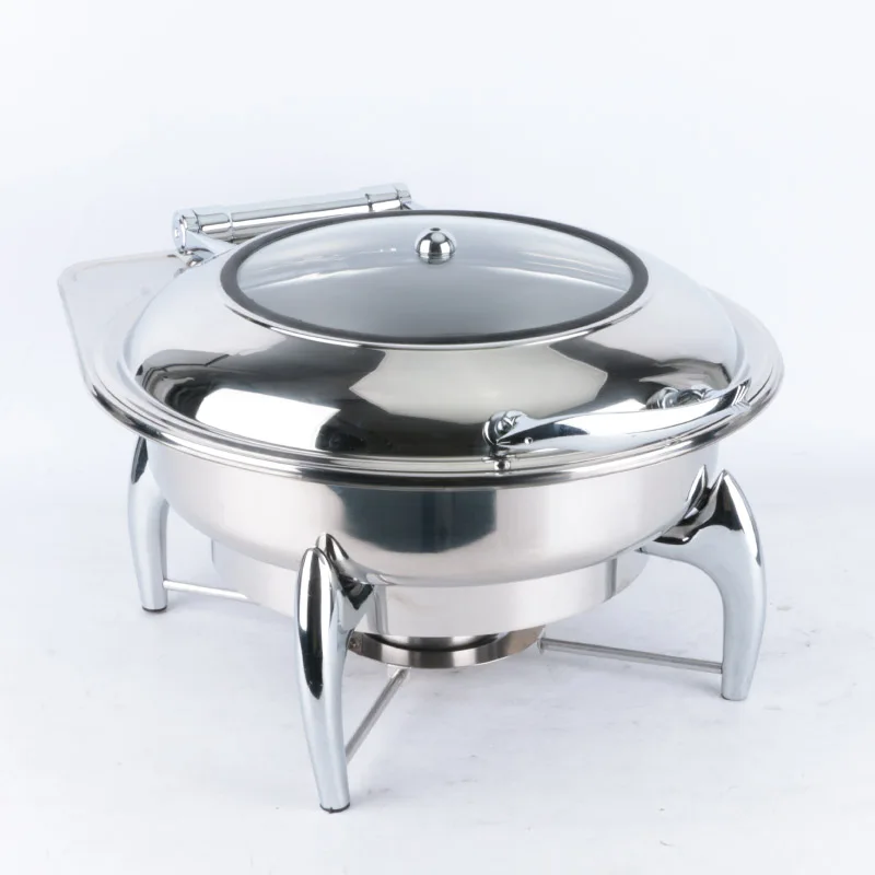 6.5L Round Silver Hydraulic Chafing Dish Stainless Steel Food Warmer Buffet Visible Glass Lid for Wedding Party Hotel Restaurant