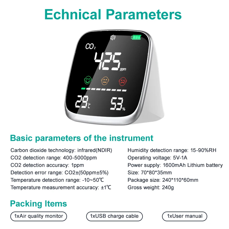 Air quality monitor portable air quality monitor portable co2 detector carbon detector co2 meter ndir gas analyzers