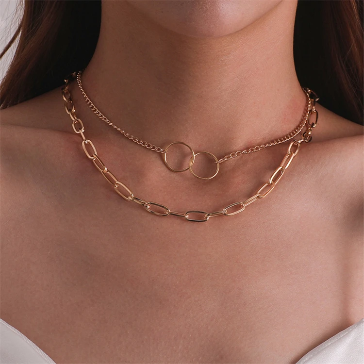 Cheap Layered Gold Cuban Link Chain Hip Hop Chunky Paperclip Punk Choker Charm Necklace For Women