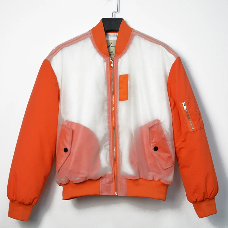 Custom orange 100% nylon transparent TPU fabric jacket waterproof bomber jacket men