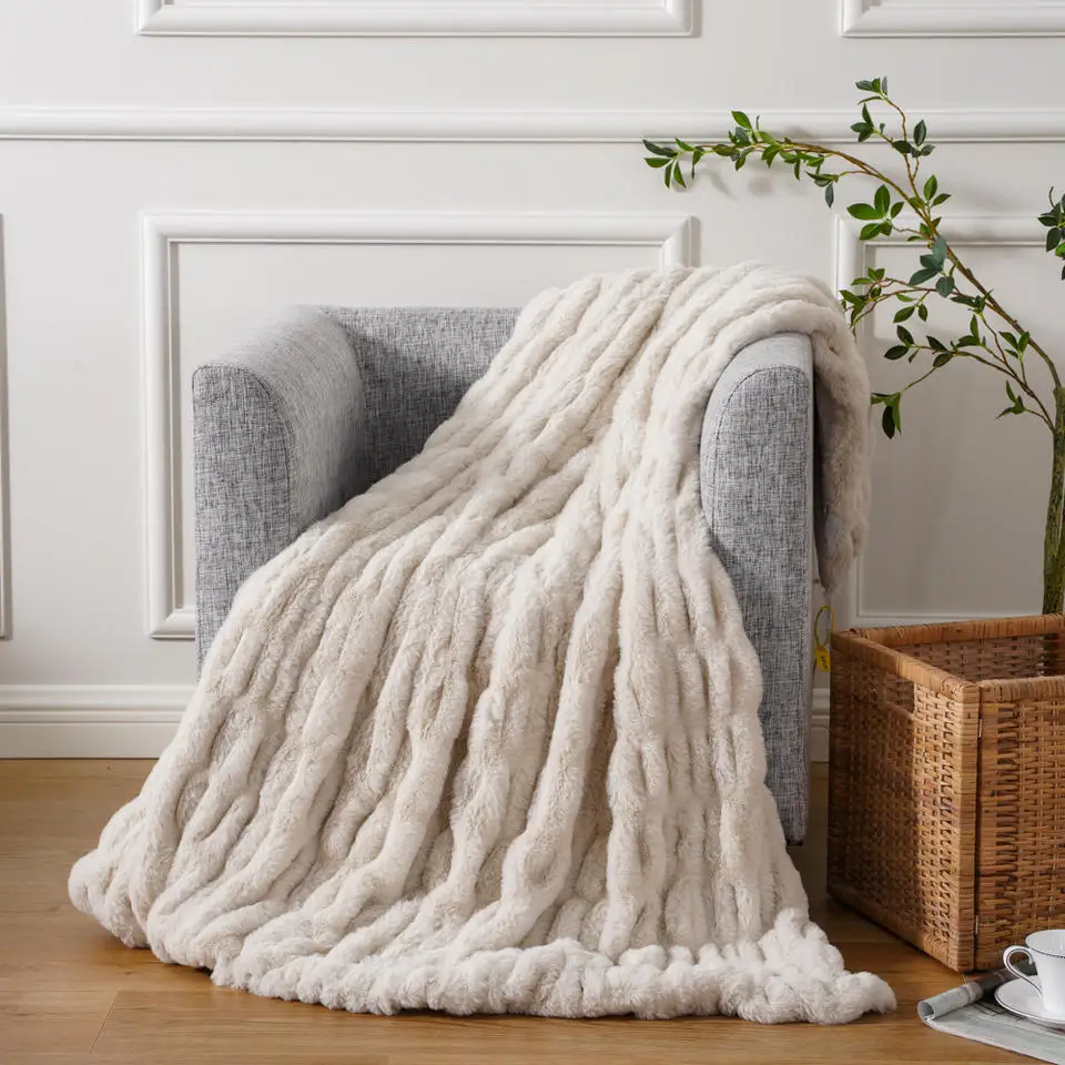 Luxurious Embossed Ruched Fur Blanket Cream Brown Premium Quality Faux Fur Mink Throw Blanket