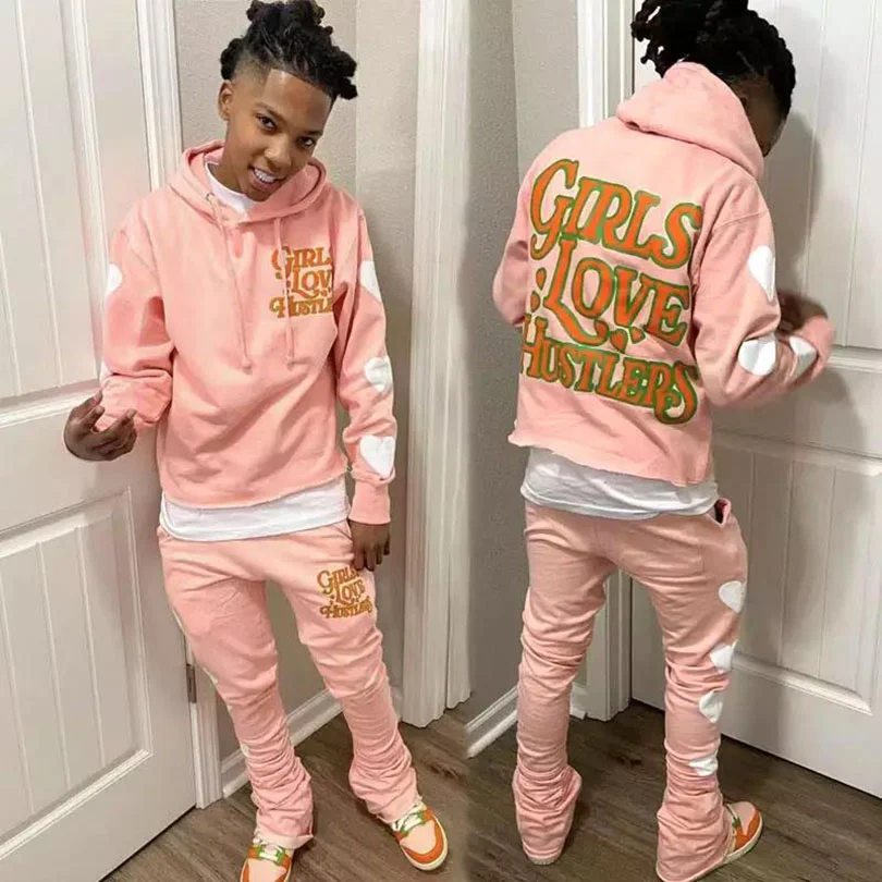 Print Cut Hem Top Sweat pant Men Jogger Sets Outfits Cut Raw Hem Top Flare Stacked Two Piece Men Tracksuits Set