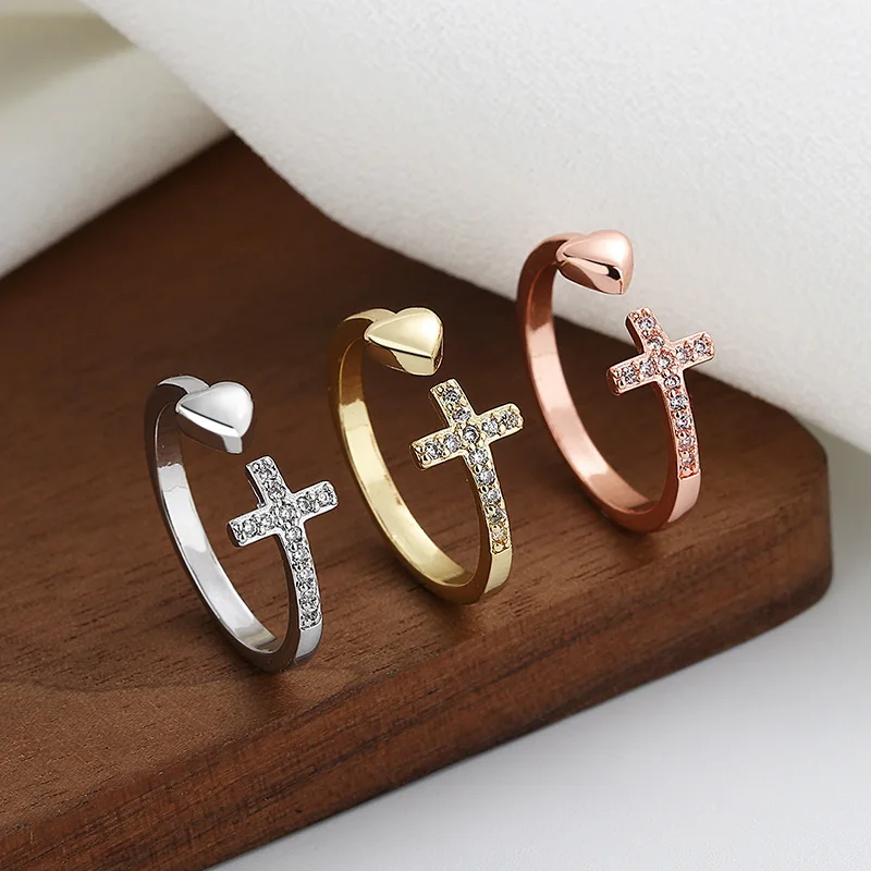Wholesale Platinum Plated Women Christian Cross Adjustable Wedding Ring Simple Heart Shape Open Diamond Ring