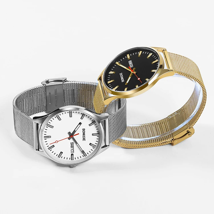 BOMAXE Classic Girls Hand Gold Case Steel Mesh Strap Custom Waterproof Luxury Glass Black Watch