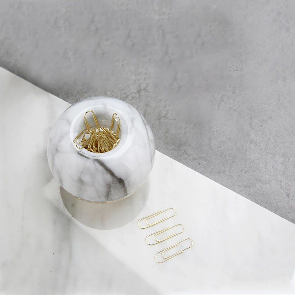 Gold Paper Clips in Elegant Magnetic Marble White Clip Holder, 28mm, 100 Clips per Box