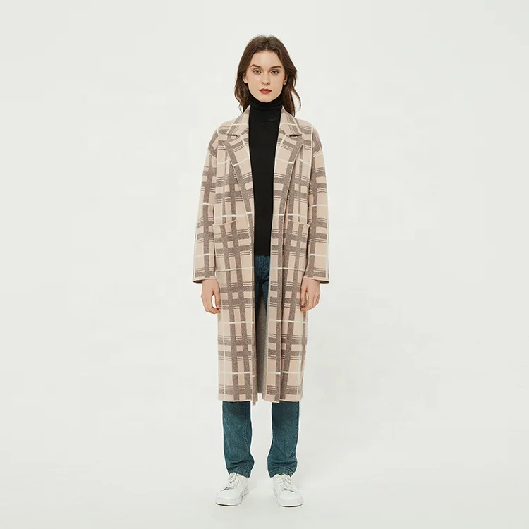 autumn winter customized logo women plaid long sweater coat custom cardigan