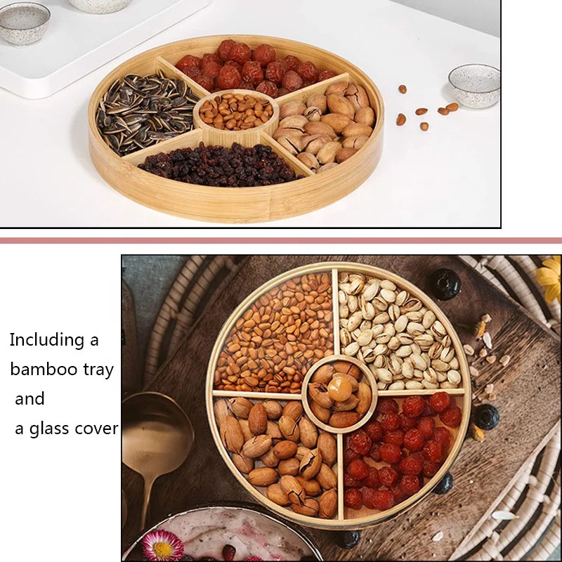 5 Compartments Snacks Party Tray Bamboo Round Plate Dish Food Serving Platter Tray With Glass lid