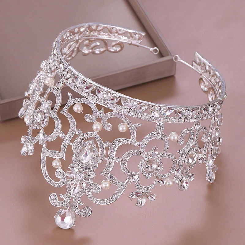 Jumbo Hollow Out Silver Alloy Diadem For Queens Metal Coronas Y Tiaras Beauty Pageant Crown Large Bride Hair Accessories Wedding