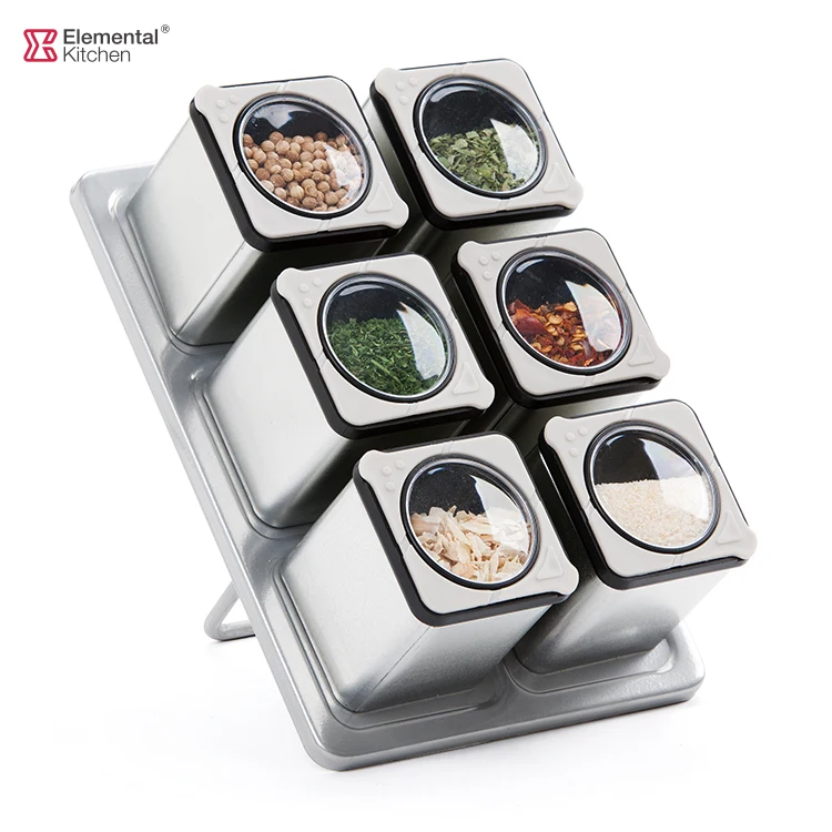Wholesale Best selling  square stainless steel 6 Jars Spice Rack Set for kitchen seasoning storage glass bottle