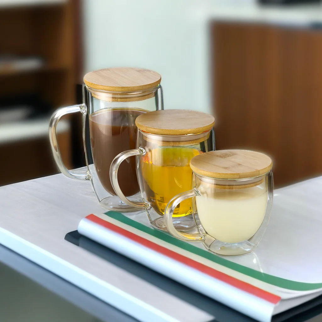 Handblown Elegant Reusable High Borosilicate Double Wall Glass Coffee Cup with Handle And Bamboo Wooden Lid For Drinking Mug
