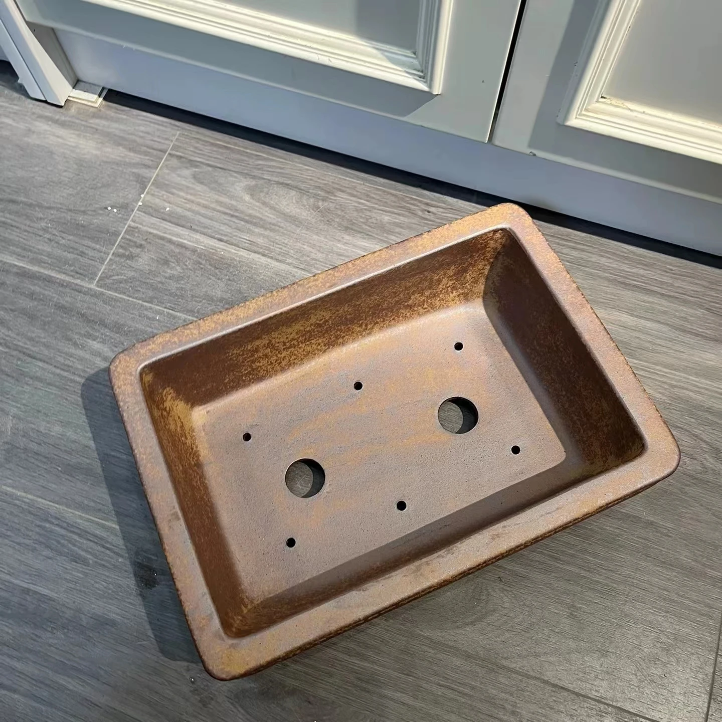 Handmade Yixing gold sand rectangle shape bonsai pot with line design and surface polishing