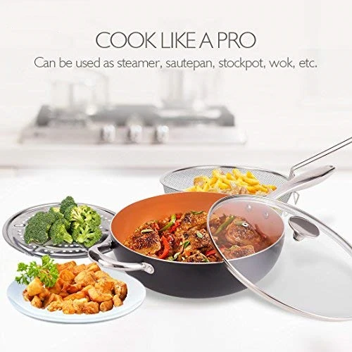 5 Quart Nonstick Copper Ceramic Wok and Stir Fry Pans With Lid, Frying Basket & Steam Rack