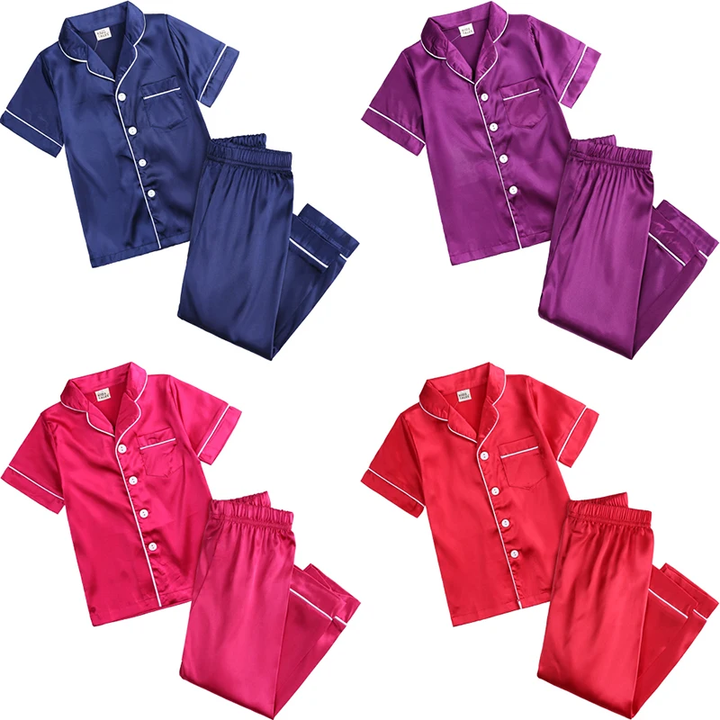 wholesale children sleepwear set summer silk plain night clothing satin pajamas for kids