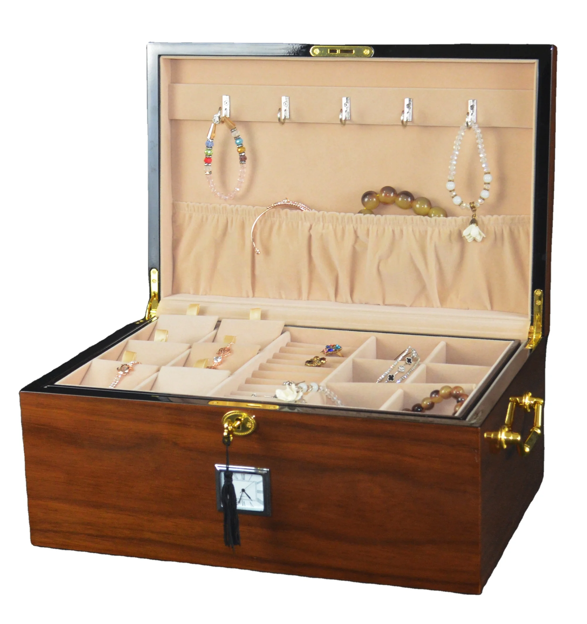 Lockable wooden jewelry box with clock and handle storage case premium velvet lining