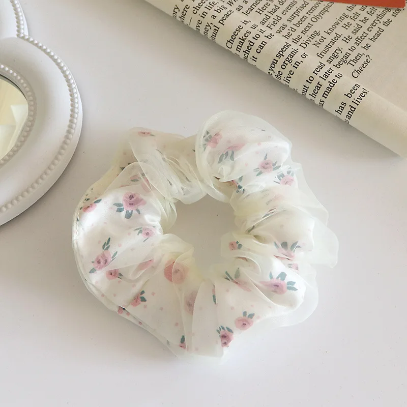 Trendy Hair Ornament Fresh Style Double Layers Mesh Fabric Hair Scrunchies Flora Hair Ties for Young Ladies Girls