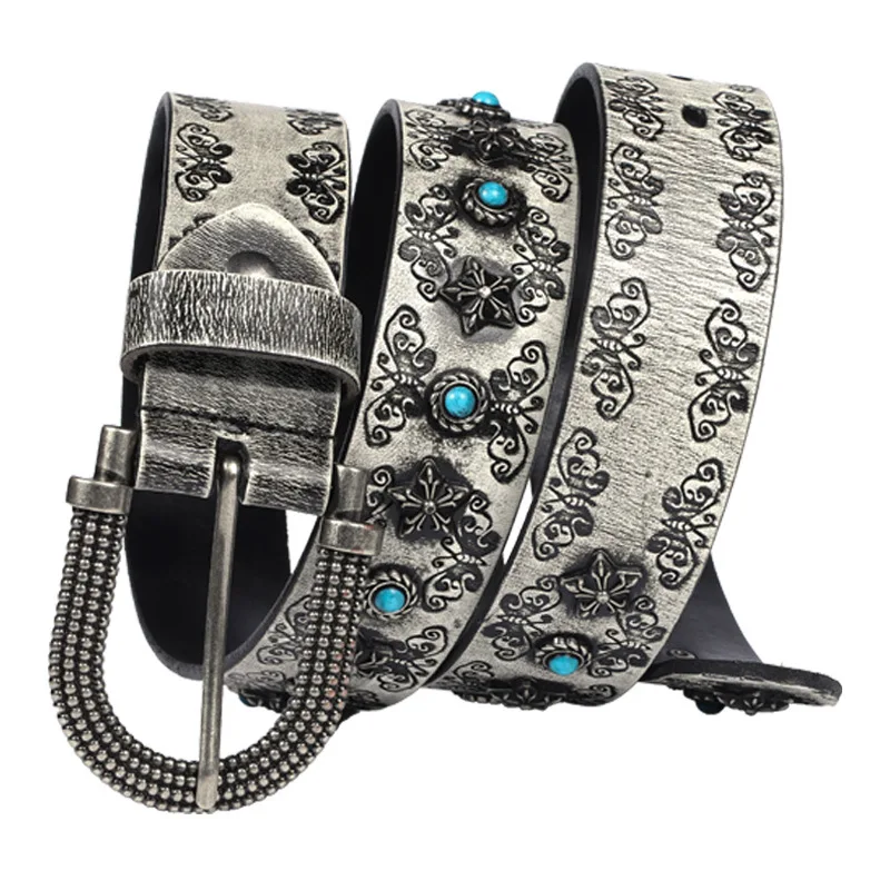 New vintage embossed rivet Turquoise inlaid high-grade ethnic style personalized decoration versatile belt