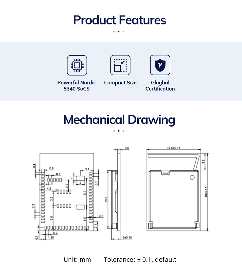 CE FCC 48GPIO Dual-Core nRF5340 Nordic Bluetooth BLE 5.3 Module PCB Antenna Support LE Audio
