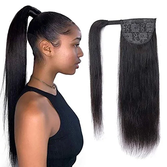 100% Human Hair Pony tails Hair Extensions Double Drawn Natural Wrap Around Drawstring Straight Ponytail Hair