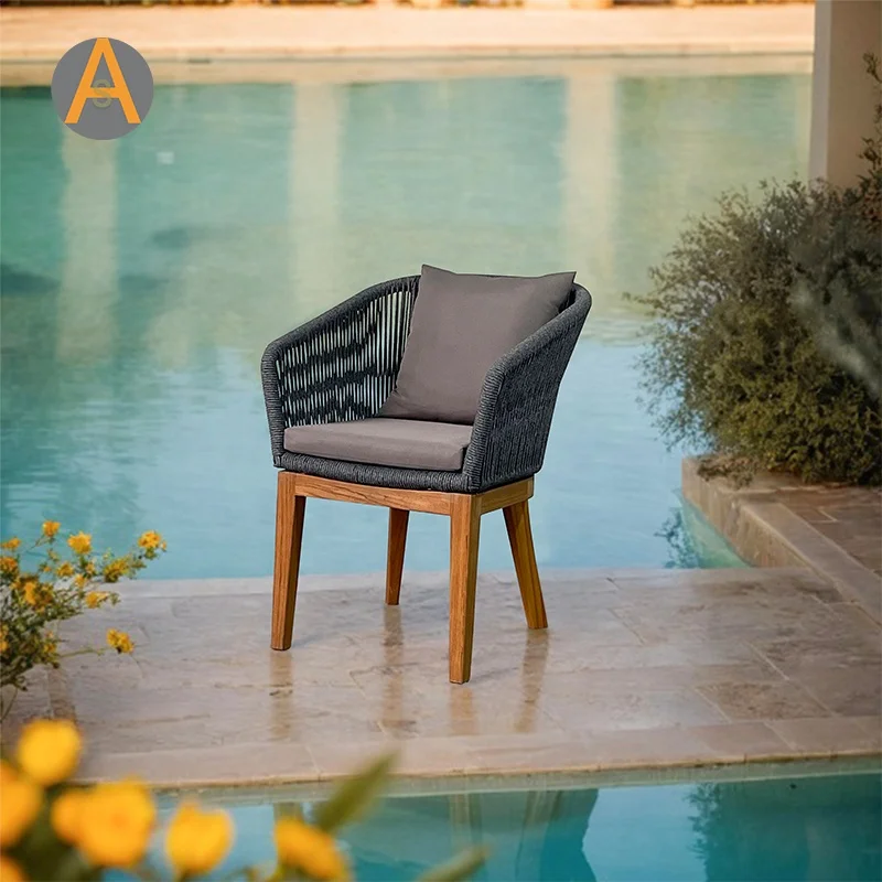 Modern Outdoor Garden Chair with Teak Wooden Base Restaurant Relaxing Rope wood chair