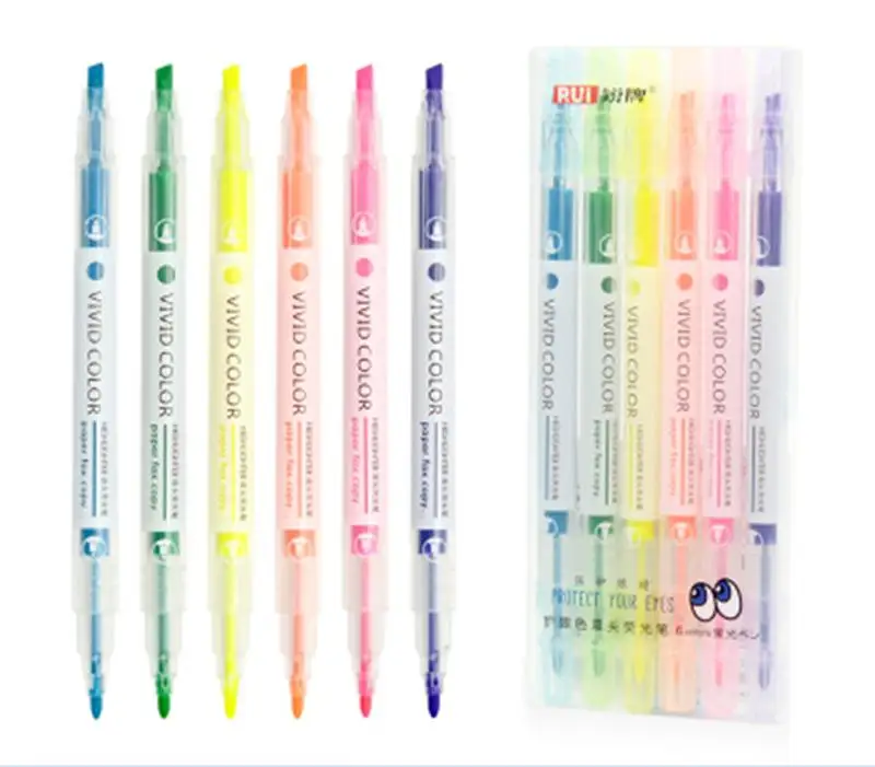 YIHENG High Quality highlighter Stationery Water-based dual-head highlighter marker pen 6 colors for children