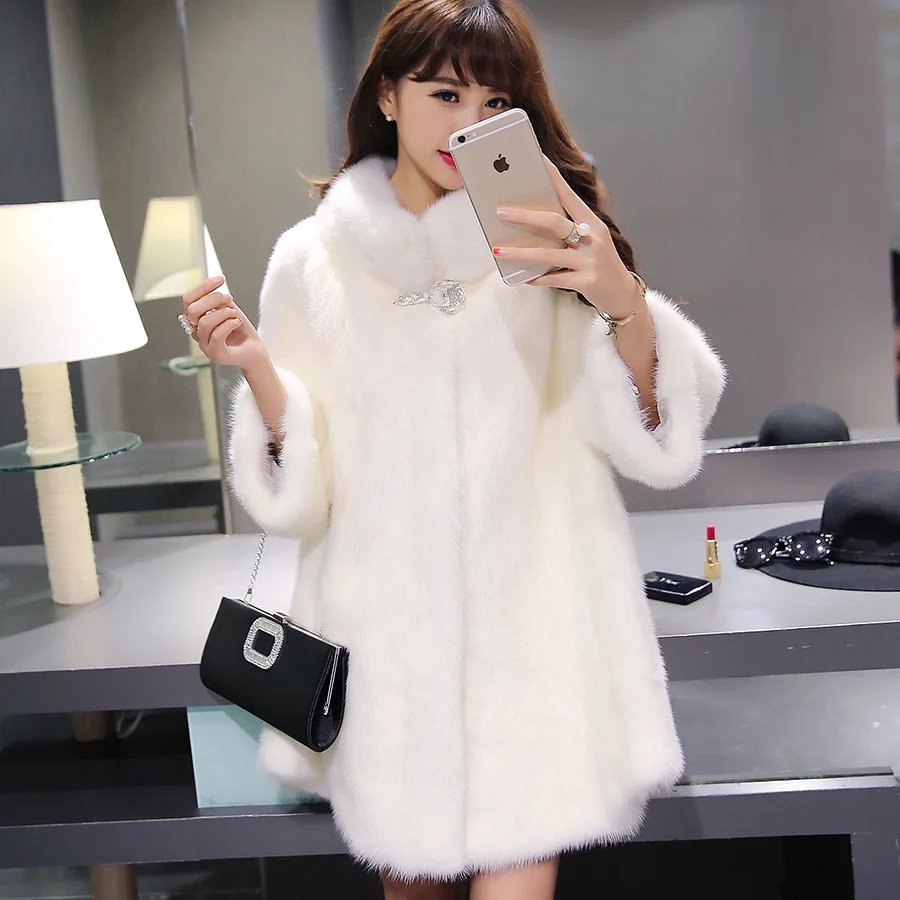 Autumn winter warm thick faux mink fur coats Women long slim fur coat outwear Female stand collar warm outwear