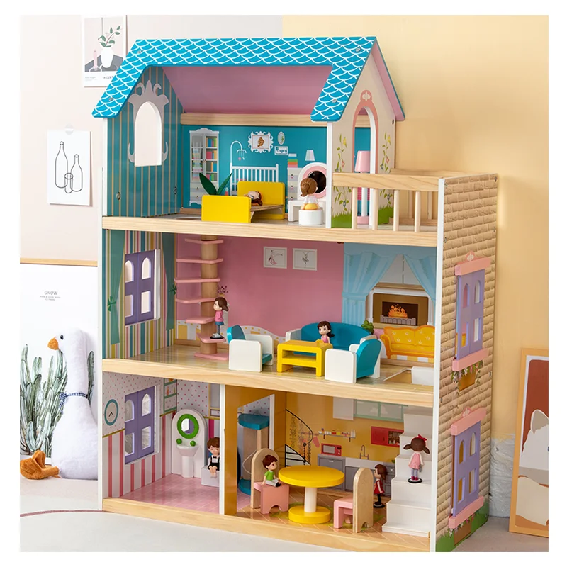2022 new style children play house simulation wooden three tier mini doll house toy dollhouse for kids