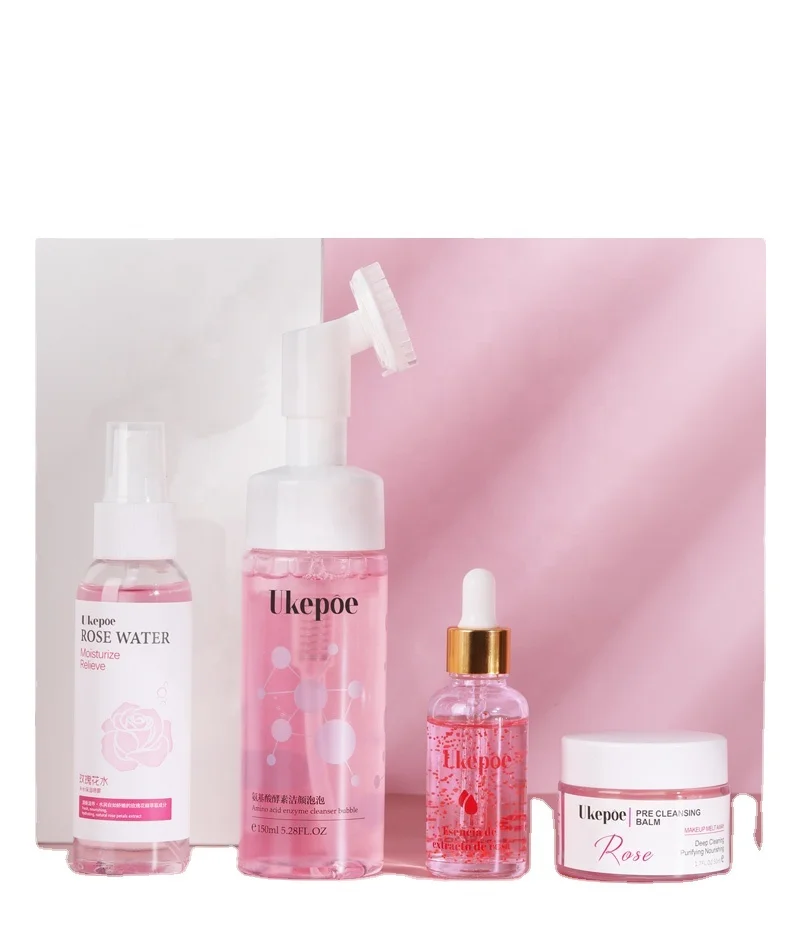 Private  Label   Rose  skin  care  set   rose facial cleanser rose toner whitening serum moisturizing emulsion rose water