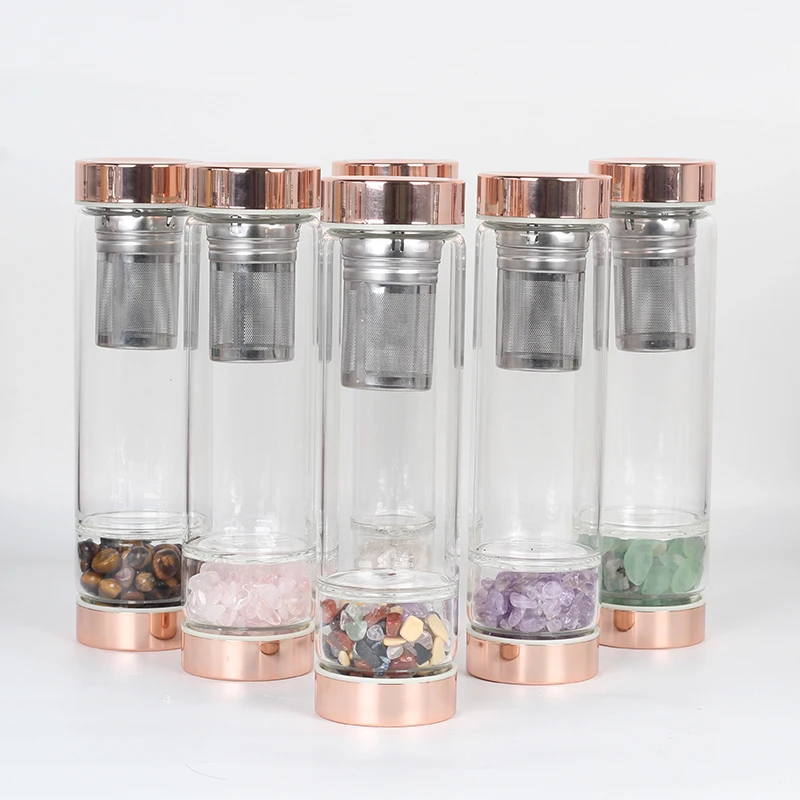 Custom Logo Quartz Elixir Health Natural Gemstone Infused Rose Gold lid Crystal Water Bottle