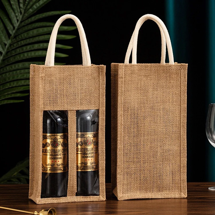 Wholesale 4 bottles wine bottle package tote gift christmas jute burlap bottle bags