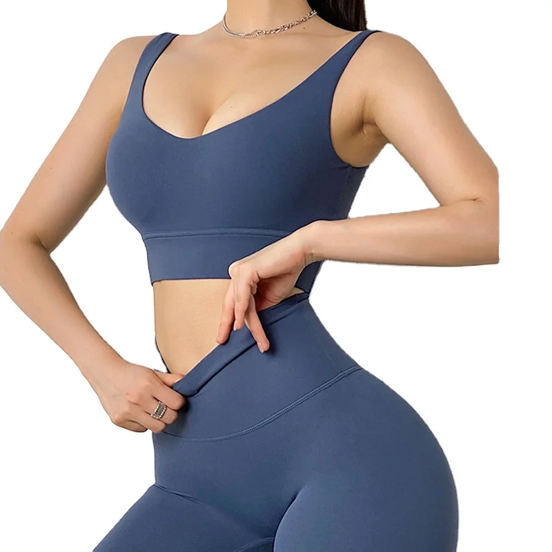 Basic Women Sport Underwear Bra Deep V Removable Padded Yoga Bra Solid Wide Shoulder Belt Fitness Crop Tops
