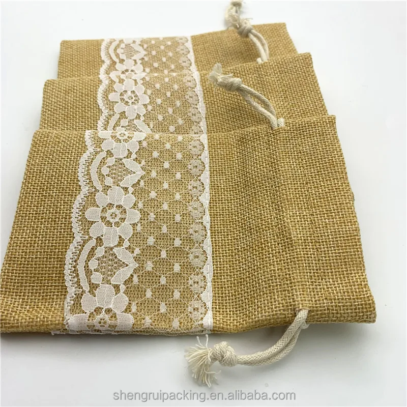 Weddings Receptions Jute Burlap Sack Favor Bag 4'x 6' Natural Jute Bags With Lace