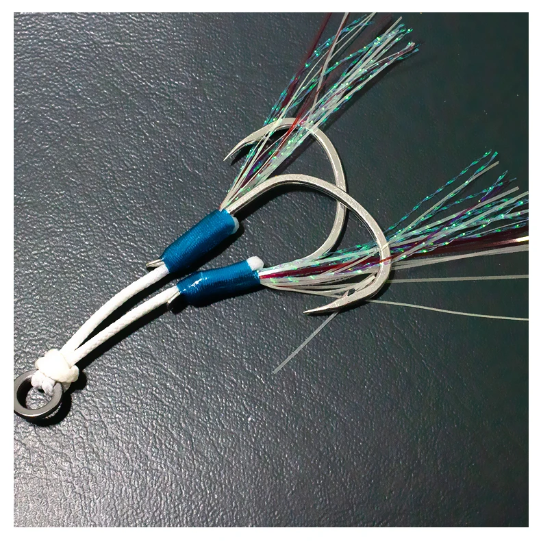 Fishing Jig Lure Assist Strong Hook Saltwater Double Hook with luminous tinsel Offshore Heavy Jigging Hooks