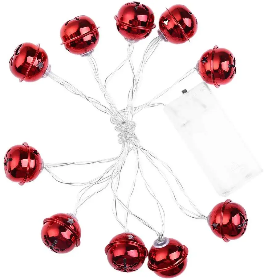 10LT Red Jingle Bells Decorative String Lights Battery Operated LED Christmas Bell Lights for Winter Festival Xmas Tree Decor