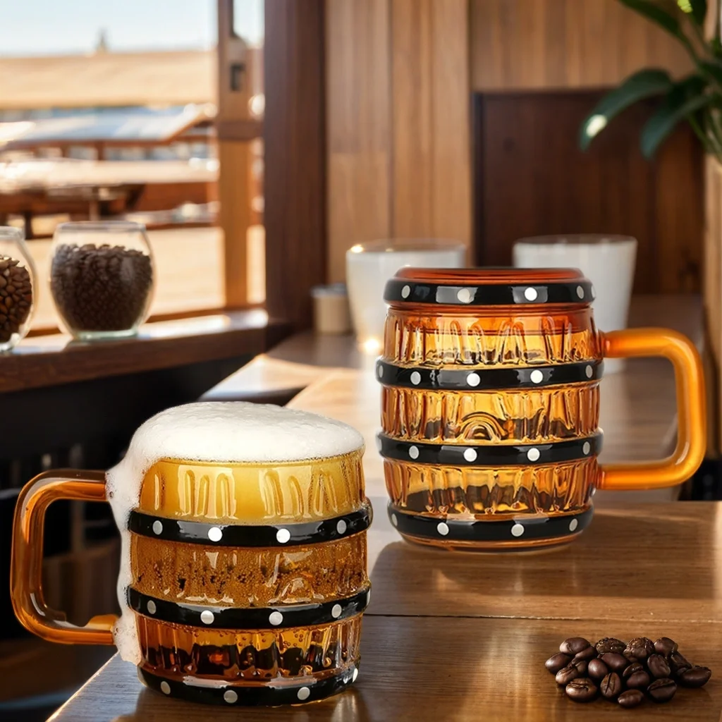 Fashion Hot Selling 470ml Creative Design Wooden Barrel Shape 16oz Milk Beverage Glass Beer Mug Cup With Handle