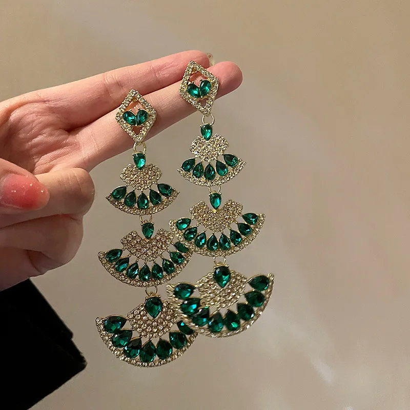 925 Silver Needle Set Diamond Crystal Fan long Earrings Fashion Palace Style Design Earrings for Women