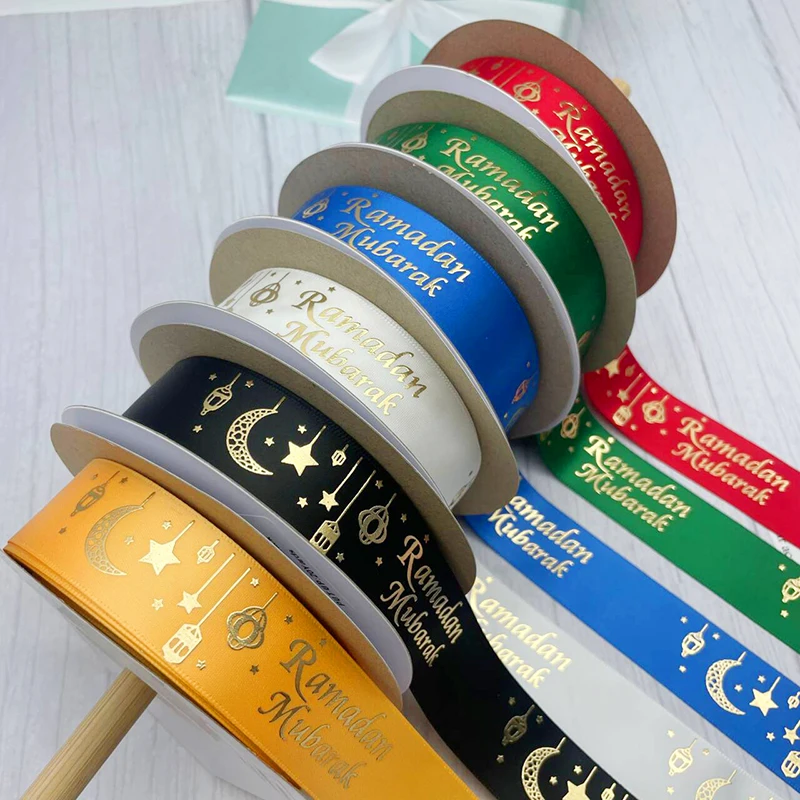 E-Magic Wholesale Luxury Gold Foil Printing Ramadan Mubarak Ribbon 2.5cm Satin  Muslim Eid Mubarak Tape For Decoration