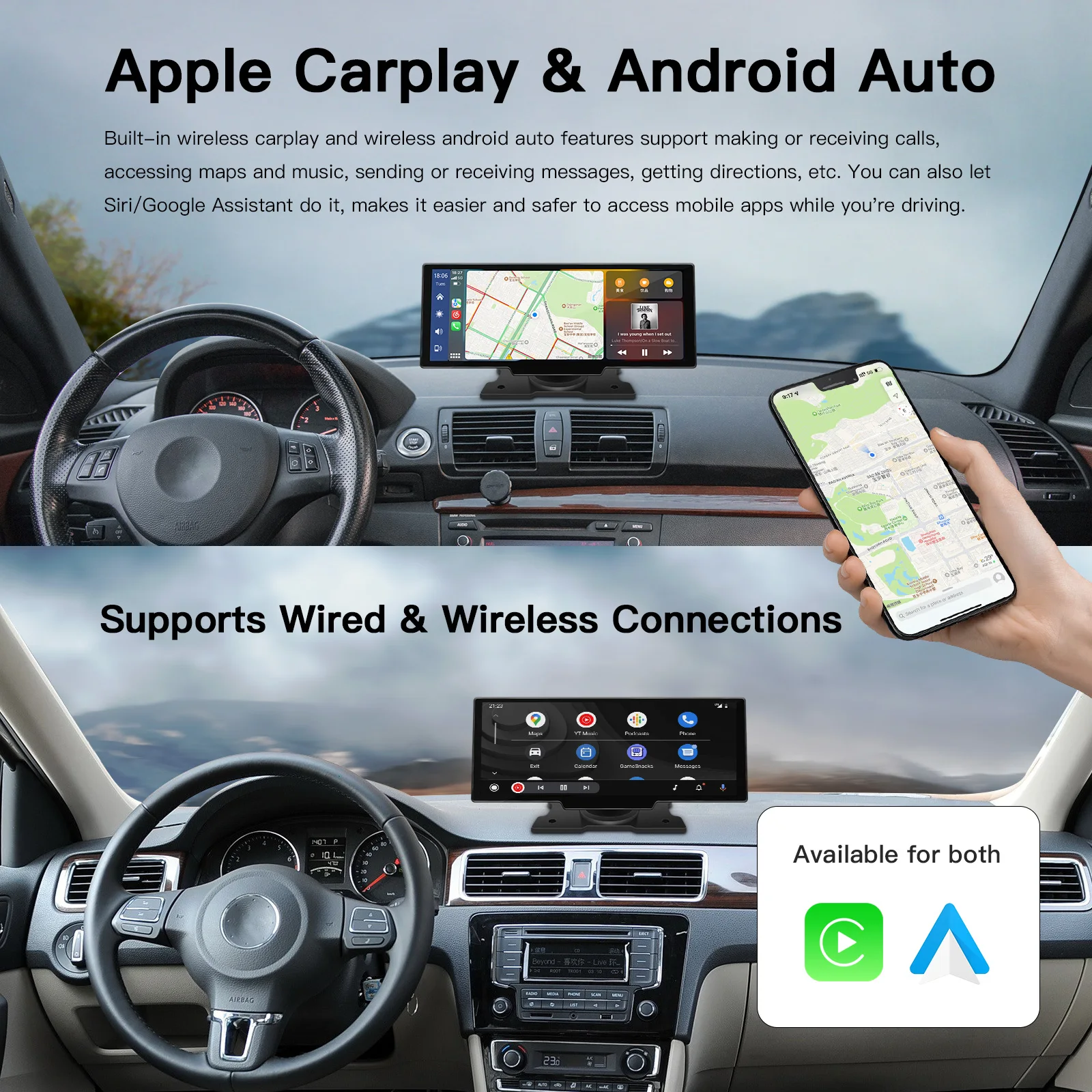 Carabc 2022 беспроводной Carplay и Android Auto портативный 10 дюймовый сенсорный экран автомобильный аудиоприемник GPS