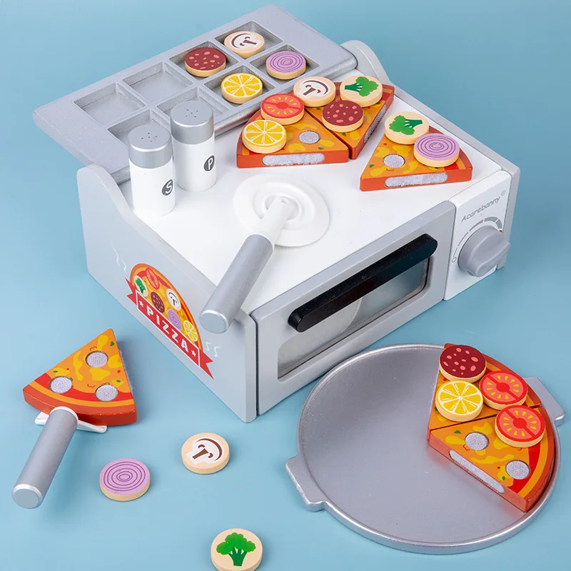 New simulation wooden pizza oven kitchen set toys children early education cook and diy make pizza game baby role playing toys