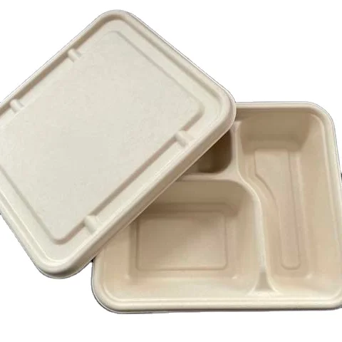 Одноразовый Компостируемый сахарный тростник, слизас, микроволновый пищевой контейнер, 3 отсека с крышкой
