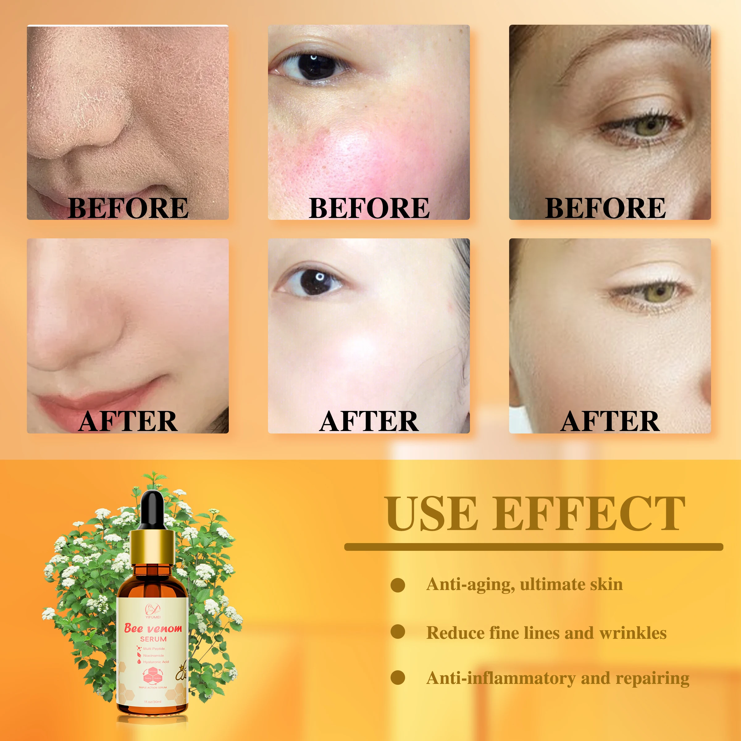 Private Label Triple Action With Multi Peptide Hyaluronic Acid Moisturizer Anti-Aging Anti-Wrinkle Face Repair Bee Venom Serum
