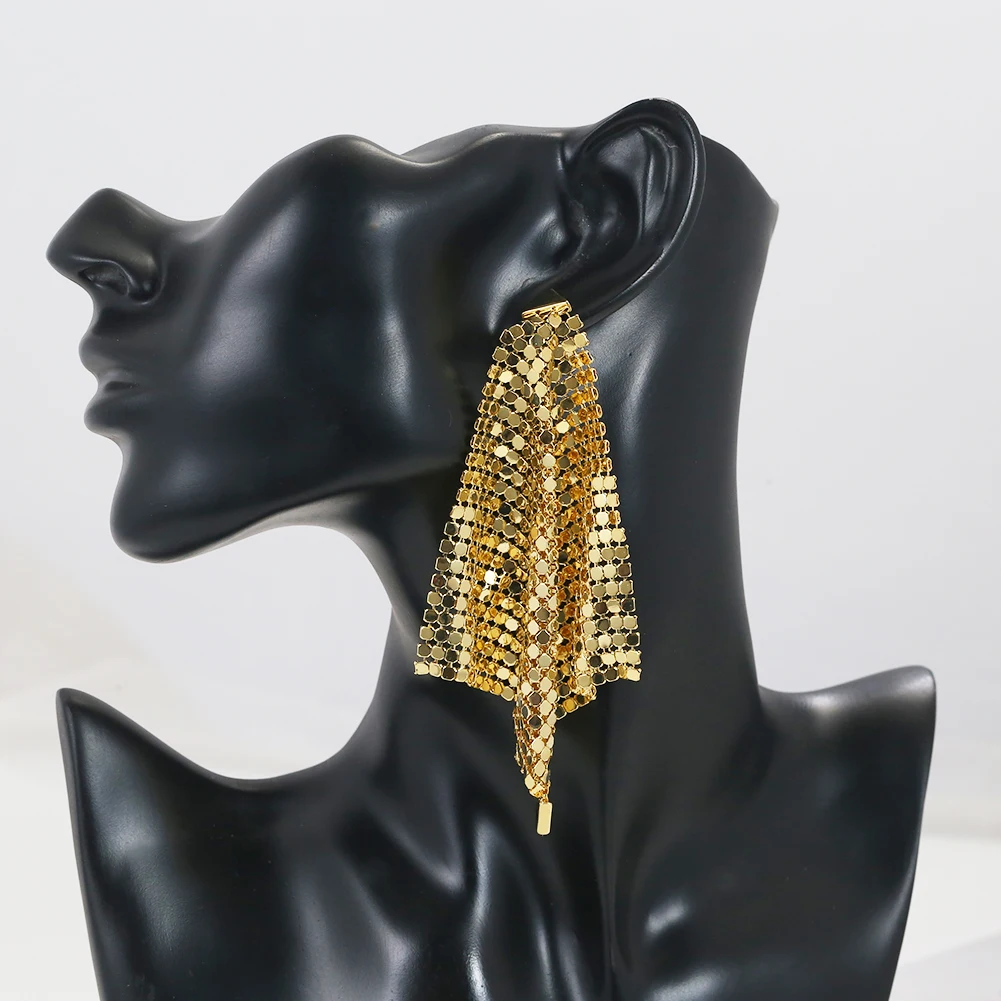 Large Luxury Dangle Earrings For Women Shiny Real Gold Plated Mesh Grid Sequins Metallic Disco Earrings For Prom Party Dress Up