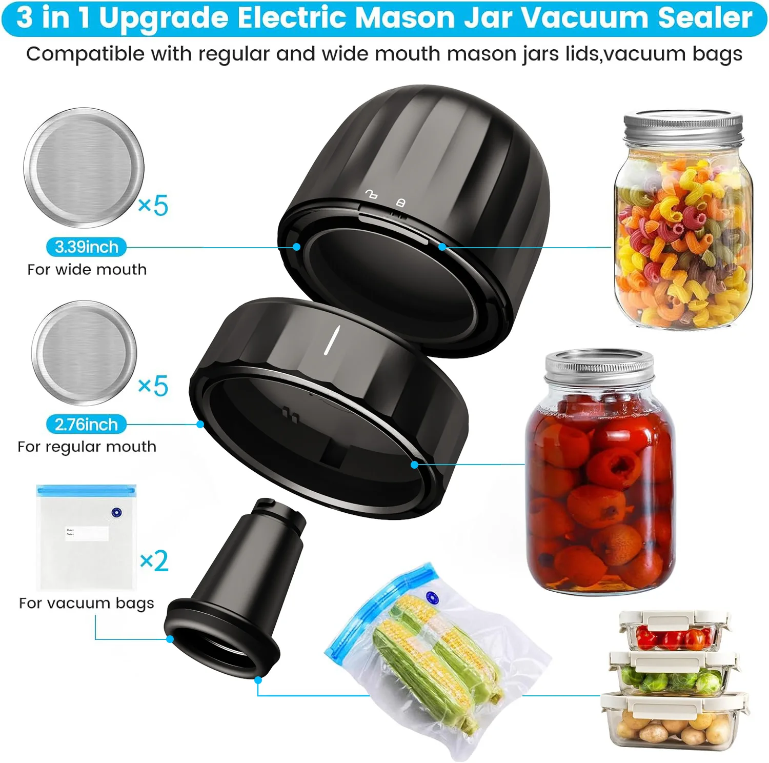 Wide Regular Mouth Electric Mason Jar Vacuum Sealer Kit portable Automatic Mason Can Sealing Machine with nozzle 10 Jar Lids