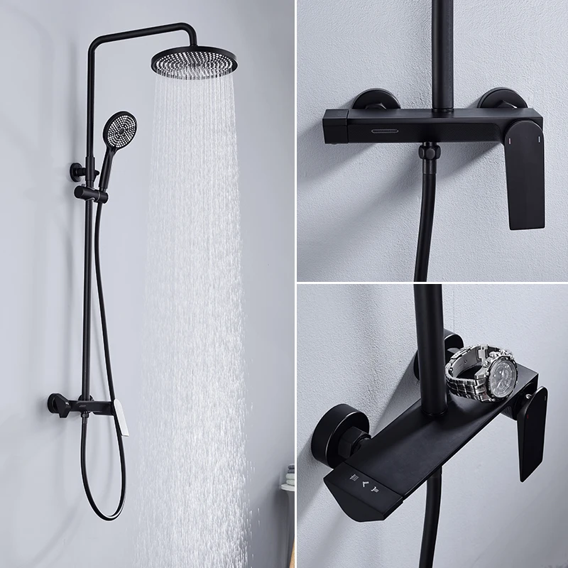 Matt black thermostatic shower system stainless steel 304 bathroom rain shower set mixer column