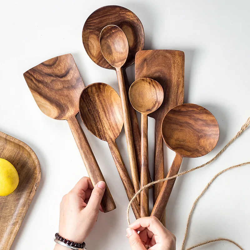 Wooden Cooking Utensils,Teak Wooden Spoons for Cooking Wood Utensil for Nonstick Cookware,Kitchen Utensils Set 7